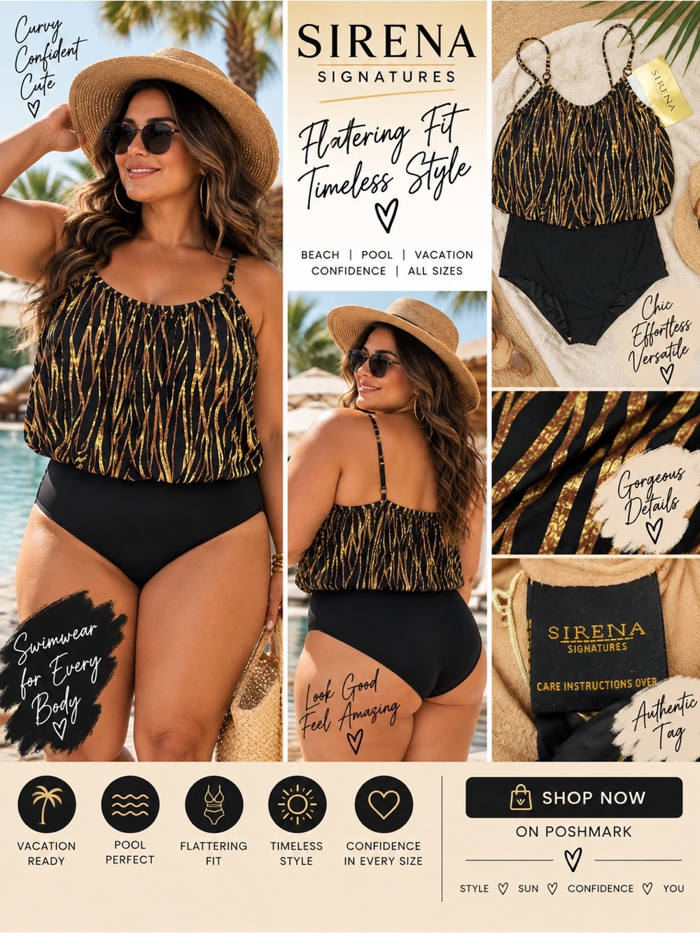 NWT Sirena Signatures Black Gold Blouson One Piece Swimsuit Size 14